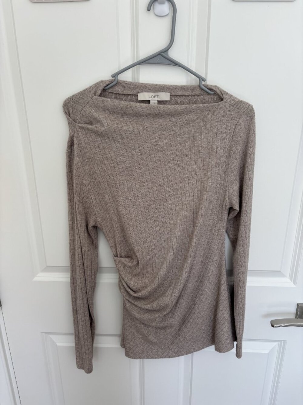 LOFT Taupe Ribbed Asymmetric Neck Side-Ruched Long Sleeve Top, Size M
